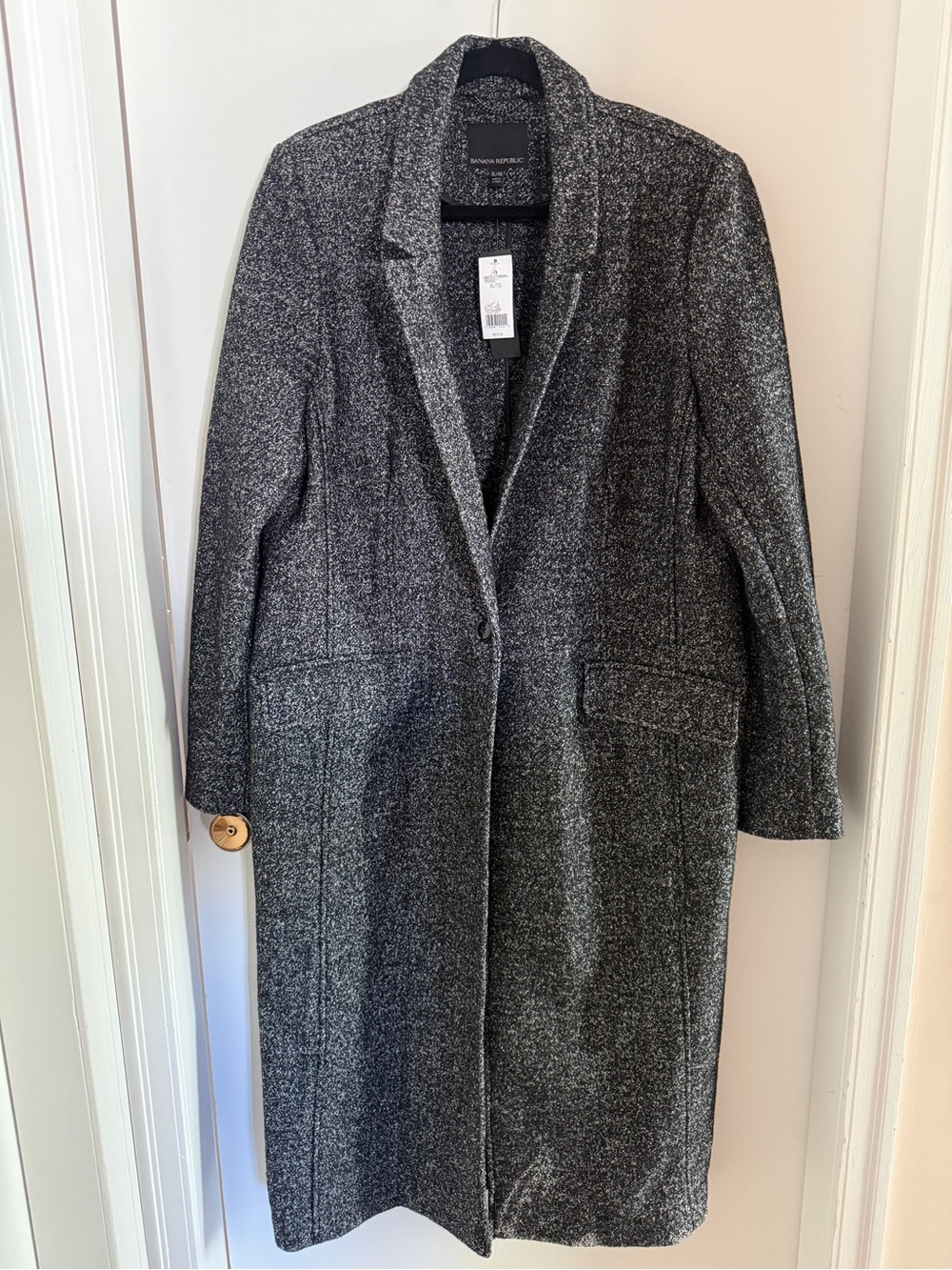 Banana Republic XL NWT Wool Blend Long Tweed Coat Black White $370